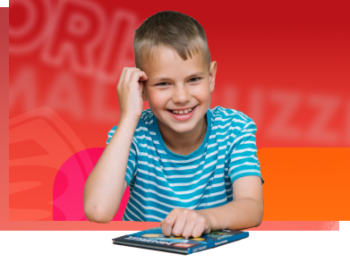 Niño alegre en fondo rectangular rojo con íconos y figuras